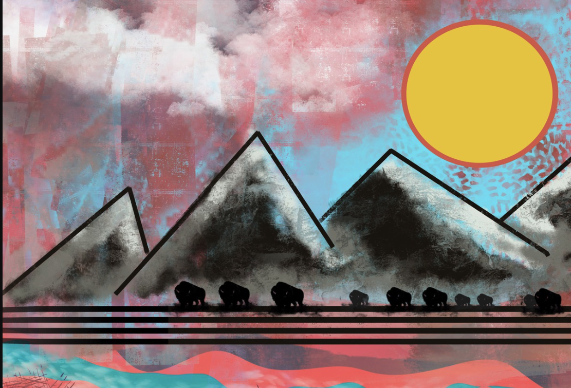 Mixed-media artwork: bison walking beneath stylized mountains with a glowing sun and layered red, black, and turquoise sky.