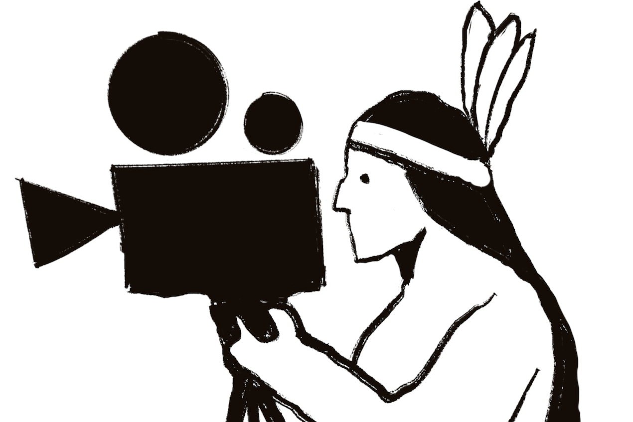 Line drawing of a person with long hair and a feathered headband operating a vintage movie camera — Niwot Film Festival emblem.