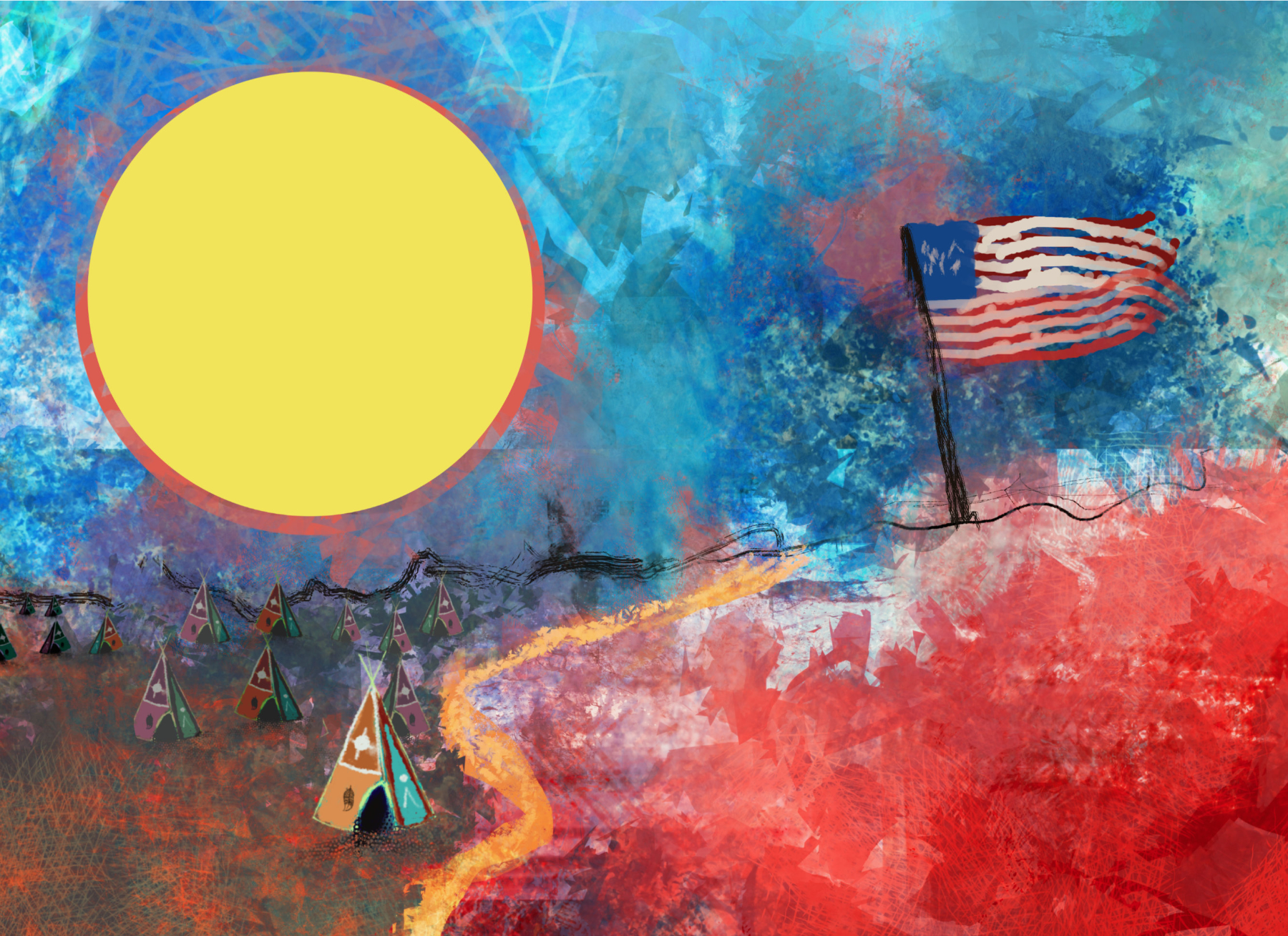 Mixed-media artwork: a glowing yellow sun and tipi village on the left, with an American flag on a red field on the right, joined by a winding golden path.